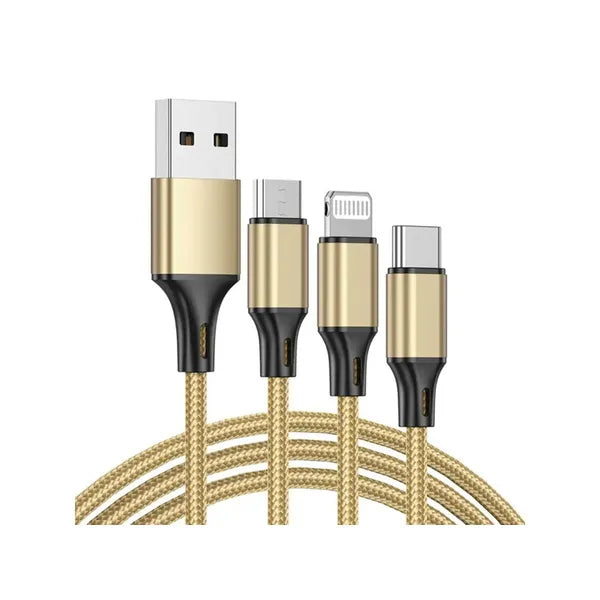 3 az 1-ben fonott USB töltőkábel 1,2 m – Type-C/Micro/Lightning, arany