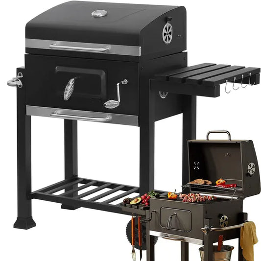 Faszén grill két szinttel, fedeles, hőmérővel, polccal, hamutálca, 56×41 cm
