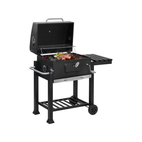 Faszén grill két szinttel, fedeles, hőmérővel, polccal, hamutálca, 56×41 cm