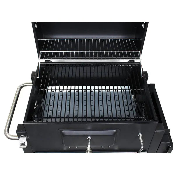 Faszén grill két szinttel, fedeles, hőmérővel, polccal, hamutálca, 56×41 cm