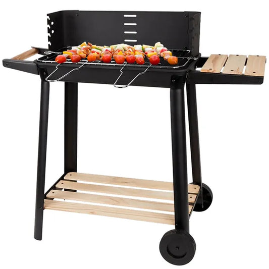 Nagy kerti faszenes grill, 5 fokozatú rostély, polcokkal, kerekekkel