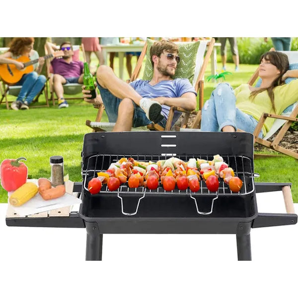 Nagy kerti faszenes grill, 5 fokozatú rostély, polcokkal, kerekekkel