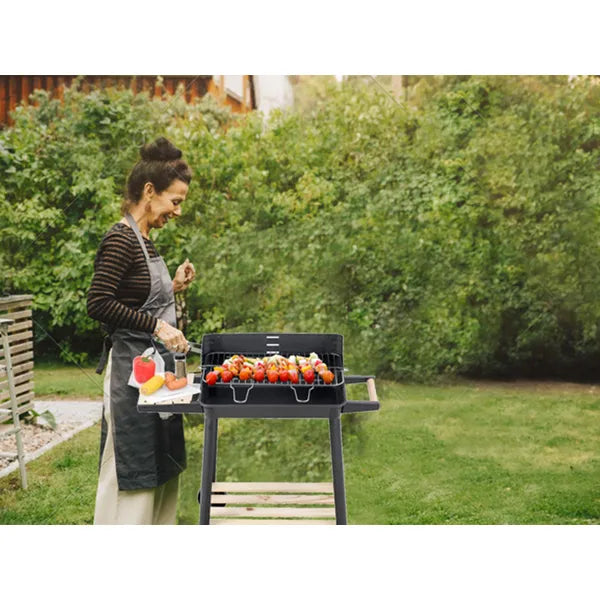 Nagy kerti faszenes grill, 5 fokozatú rostély, polcokkal, kerekekkel
