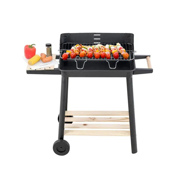 Nagy kerti faszenes grill, 5 fokozatú rostély, polcokkal, kerekekkel