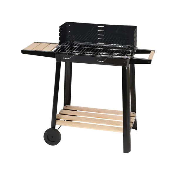 Nagy kerti faszenes grill, 5 fokozatú rostély, polcokkal, kerekekkel