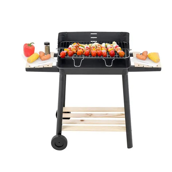 Nagy faszenes kerti grill állítható rostéllyal, polcokkal és kerekekkel