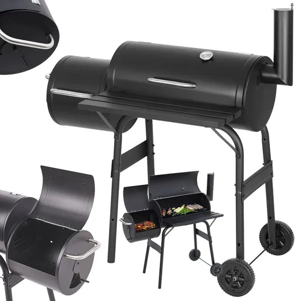 Hordó alakú, nagyméretű faszenes grill füstölővel, hőmérővel és kerekekkel