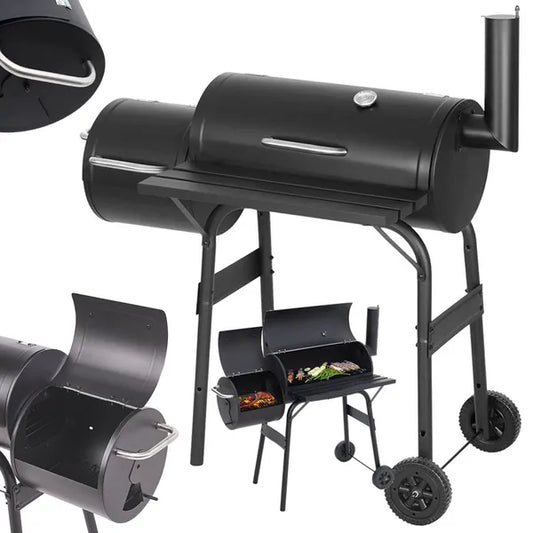 Hordó alakú, nagyméretű faszenes grill füstölővel, hőmérővel és kerekekkel
