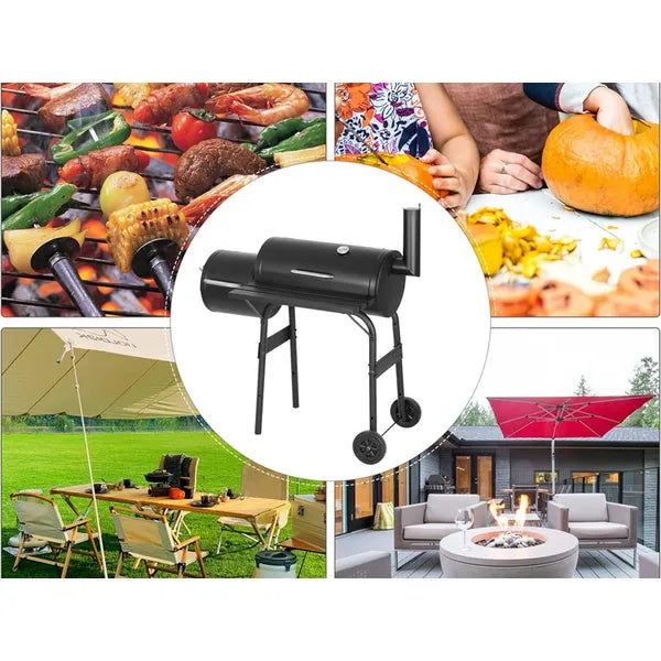 Hordó alakú, nagyméretű faszenes grill füstölővel, hőmérővel és kerekekkel