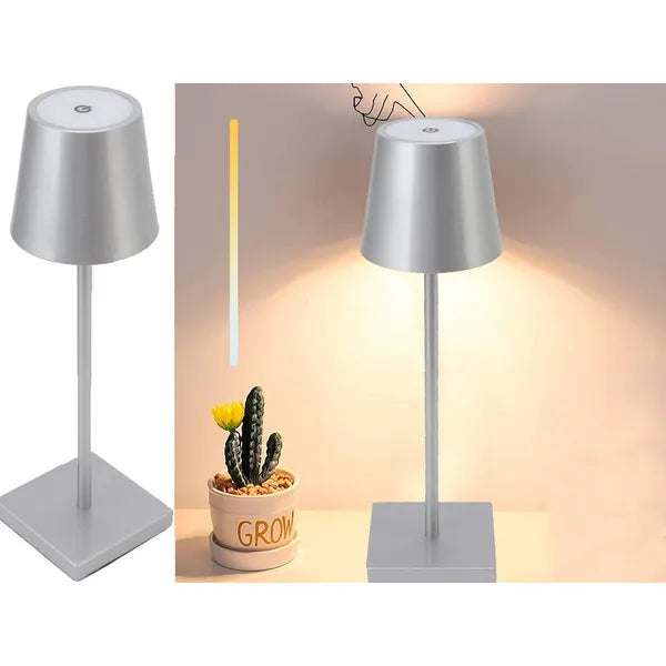 Ezüst LED érintéses asztali éjjelilámpa, akkus, 3 fényhőfok, USB-C