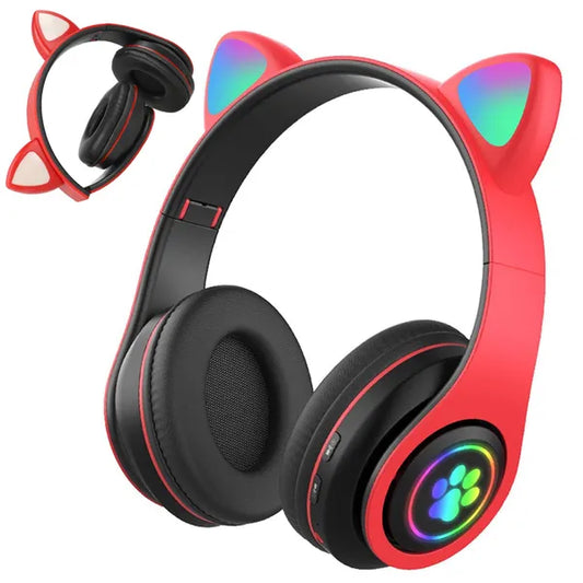 Bluetooth vezeték nélküli fejhallgató macskafül LED RGB, FM/MP3, piros