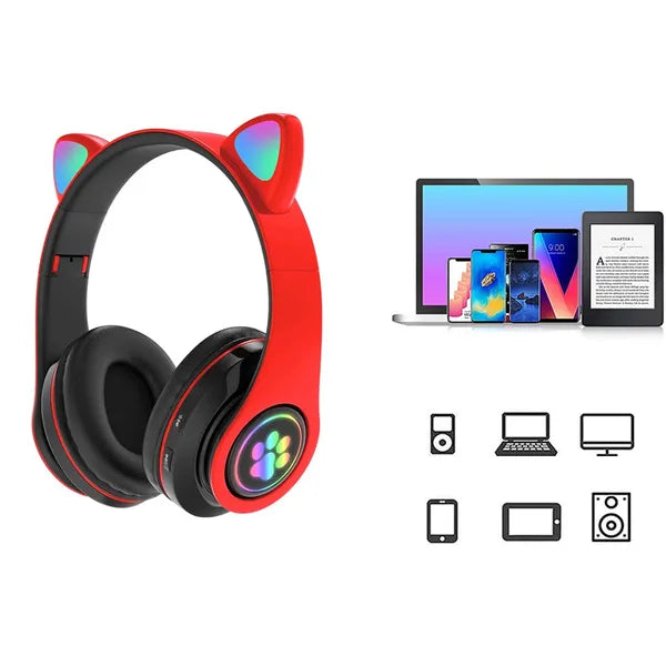 Bluetooth vezeték nélküli fejhallgató macskafül LED RGB, FM/MP3, piros