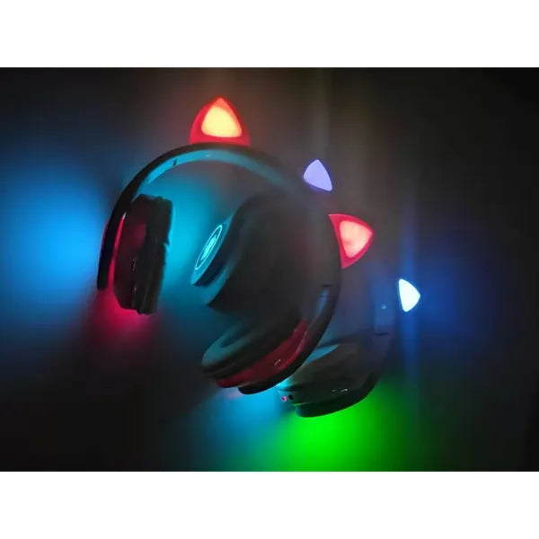 Bluetooth vezeték nélküli fejhallgató macskafül LED RGB, FM/MP3, piros