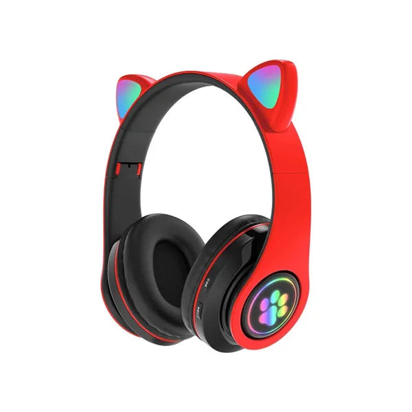 Bluetooth vezeték nélküli fejhallgató macskafül LED RGB, FM/MP3, piros