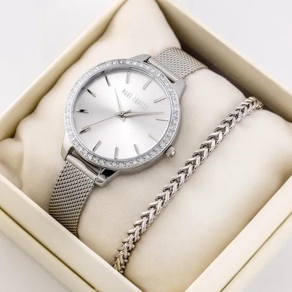 Női ajándék szett, ezüst Paul Lorens karóra és karkötő, WR30, 36 mm