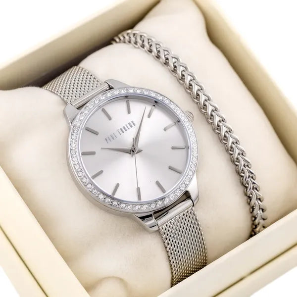 Női ajándék szett, ezüst Paul Lorens karóra és karkötő, WR30, 36 mm