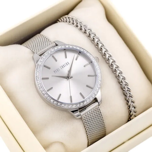 Női ajándék szett, ezüst Paul Lorens karóra és karkötő, WR30, 36 mm