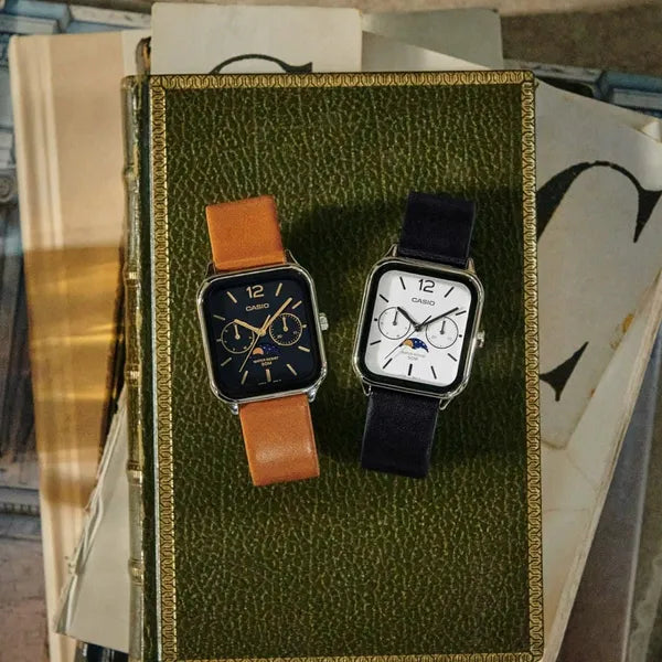 Casio MTP-M305L-7AV férfi karóra bőrszíjjal, WR50, dátum, holdfázis