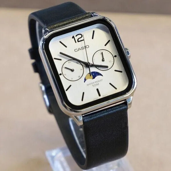 Casio MTP-M305L-7AV férfi karóra bőrszíjjal, WR50, dátum, holdfázis