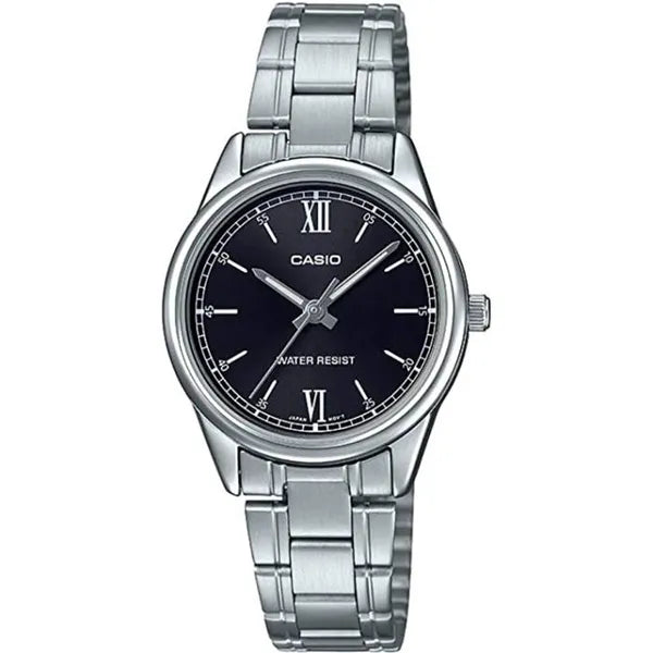 Casio női karóra fekete számlappal, acél szíjjal, WR30, kvarc