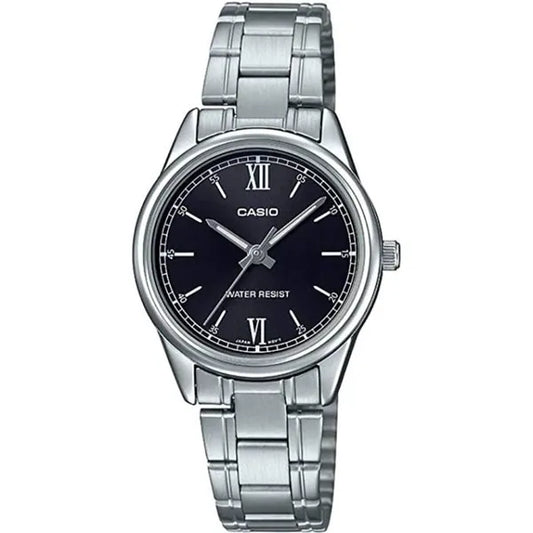 Casio női karóra fekete számlappal, acél szíjjal, WR30, kvarc