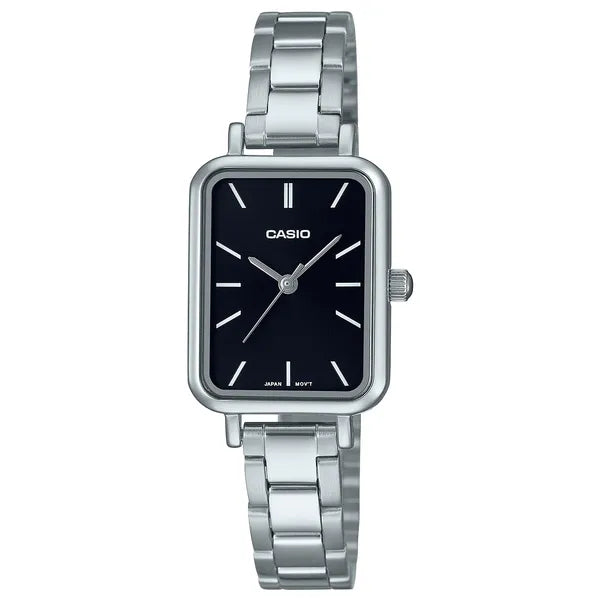 Casio LTP-V009D-1E női karóra ezüst acél szíjjal, fekete számlap, WR30