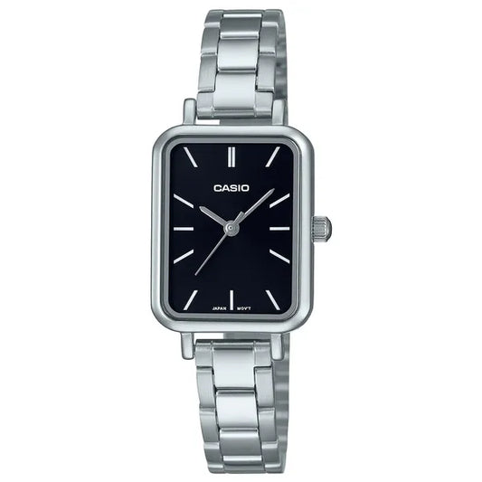 Casio LTP-V009D-1E női karóra ezüst acél szíjjal, fekete számlap, WR30