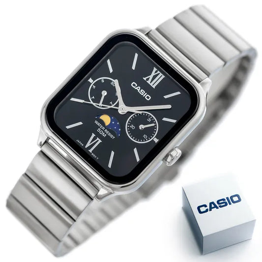 Casio férfi karóra, rozsdamentes acél, fekete számlap, WR50, holdfázis, dátum