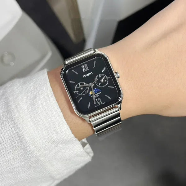 Casio férfi karóra, rozsdamentes acél, fekete számlap, WR50, holdfázis, dátum