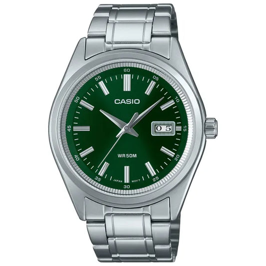 Casio MTP-B180D-3A férfi karóra, zöld számlap, acél szíj, WR50 + díszdoboz