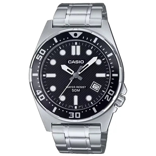 Casio MTD-135D-1A férfi analóg karóra, rozsdamentes acél, fekete számlap, 50 m