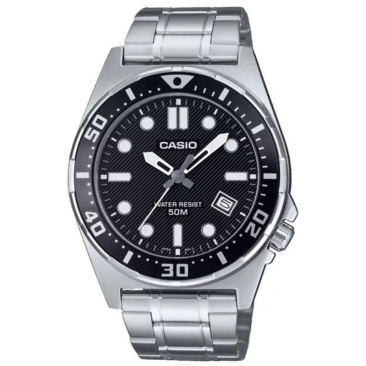Casio MTD-135D-1A férfi analóg karóra, rozsdamentes acél, fekete számlap, 50 m