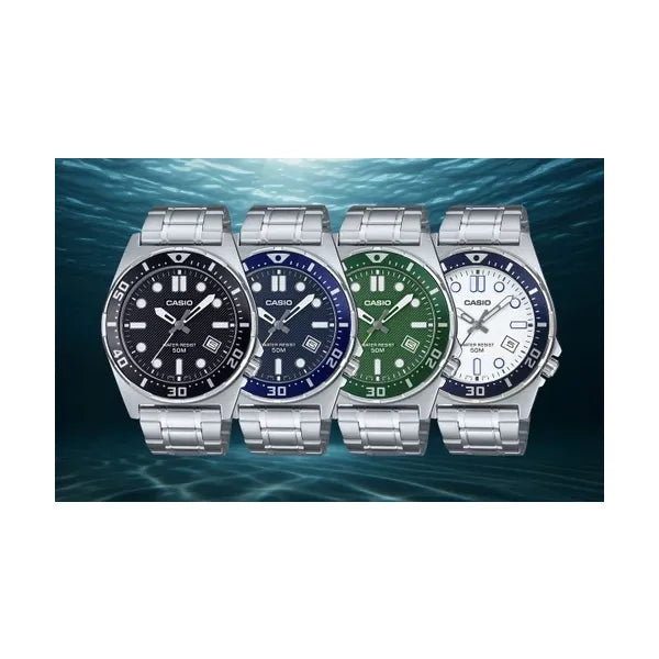 Casio MTD-135D-2A férfi karóra kék számlap, acél szíj, dátum, WR50