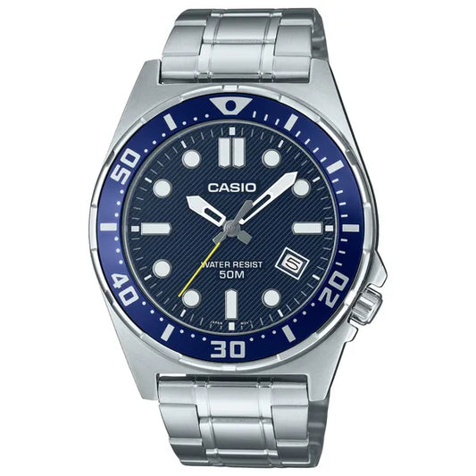 Casio MTD-135D-2A férfi karóra kék számlap, acél szíj, dátum, WR50