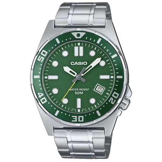 Casio MTD-135D-3A férfi karóra, zöld számlap, acél szíj, 44 mm, WR50