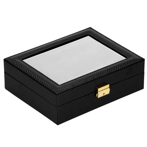 Fekete óratartó doboz 10 órához, MDF és ökobőr, kulcsos, 25×20×8 cm