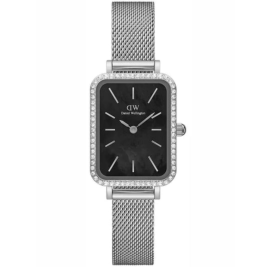 Daniel Wellington Quadro női karóra ezüst mesh, fekete gyöngyház, 20 mm