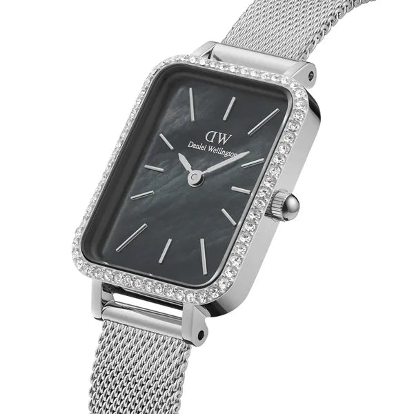 Daniel Wellington Quadro női karóra ezüst mesh, fekete gyöngyház, 20 mm