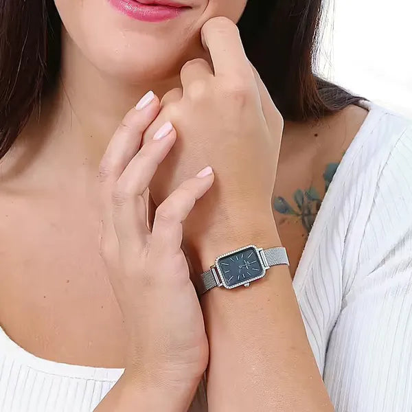 Daniel Wellington Quadro női karóra ezüst mesh, fekete gyöngyház, 20 mm