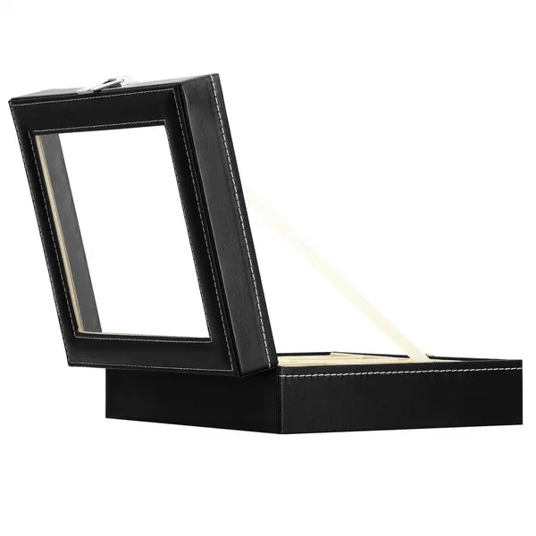 Fekete 12 férőhelyes óratartó doboz, eco-bőr, üvegfedél, 30×20×8 cm