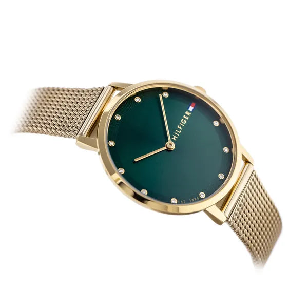 Tommy Hilfiger női karóra Pippa 35 mm arany acél, zöld kristály, WR30