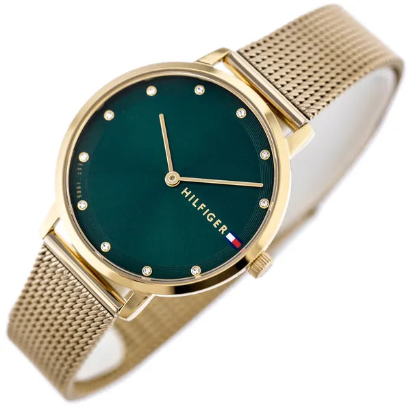 Tommy Hilfiger női karóra Pippa 35 mm arany acél, zöld kristály, WR30