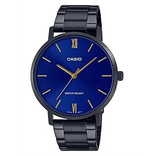 Casio MTP-VT01B-2B férfi karóra, fekete acél szíj, kék számlap, WR30