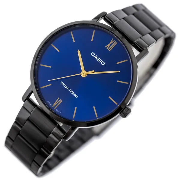 Casio MTP-VT01B-2B férfi karóra, fekete acél szíj, kék számlap, WR30