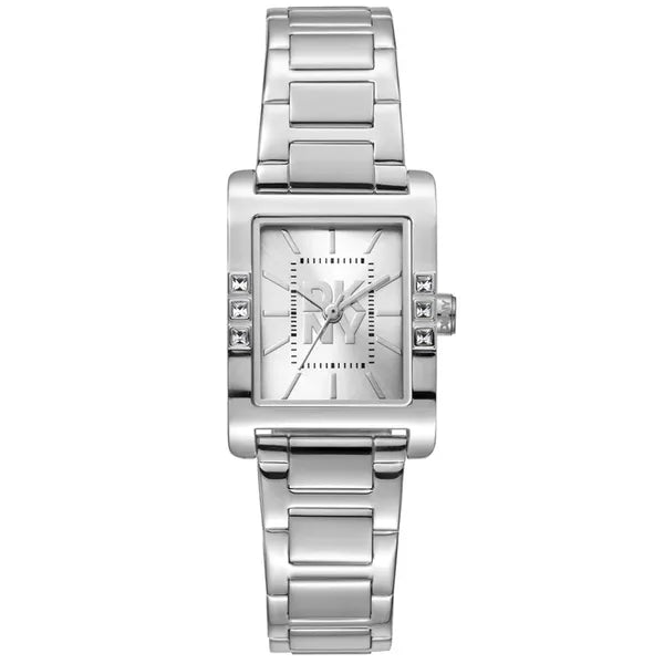 DKNY női karóra, rozsdamentes acél, téglalap 22 mm, ezüst, kristály dísz, WR30