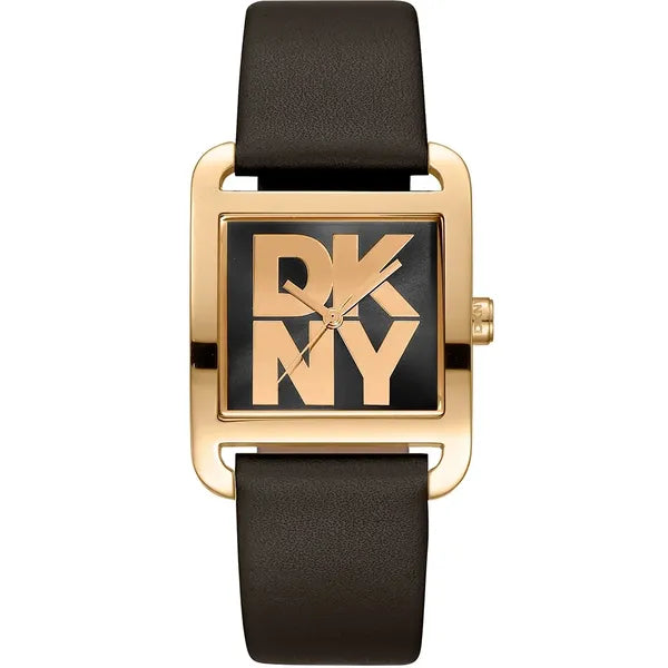 DKNY női karóra, aranyszínű, 29 mm, fekete bőrszíj, kvarc, téglalap