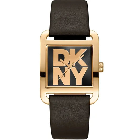 DKNY női karóra, aranyszínű, 29 mm, fekete bőrszíj, kvarc, téglalap