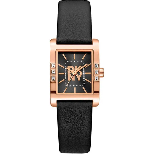 DKNY női karóra, kvarc, rózsaarany téglalap tok 22 mm, fekete bőrszíj