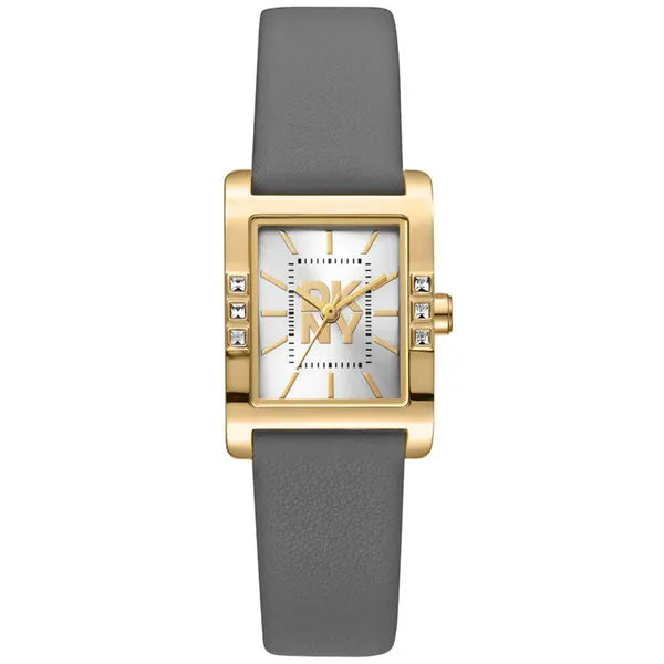 DKNY női karóra, téglalap tok 22 mm, arany-acél, ezüst számlap, szürke bőrszíj