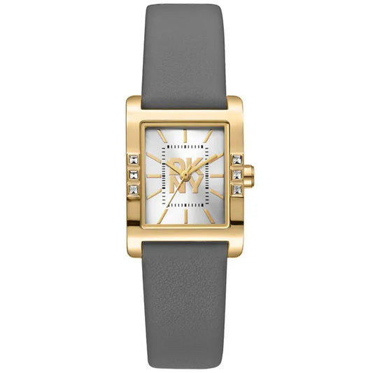 DKNY női karóra, téglalap tok 22 mm, arany-acél, ezüst számlap, szürke bőrszíj